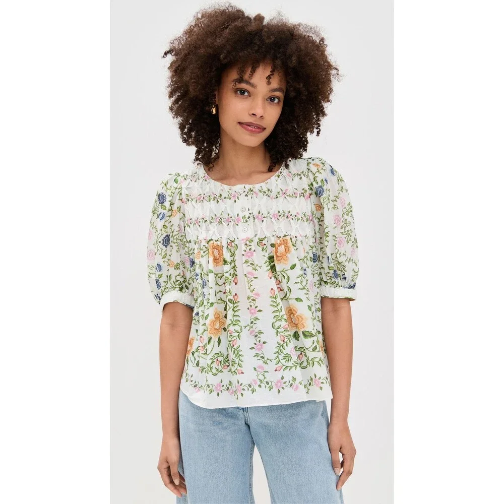 Farm Rio $190 Floral Bead Patterned Folk Blouse Top - Size L - NEW - 0206BS